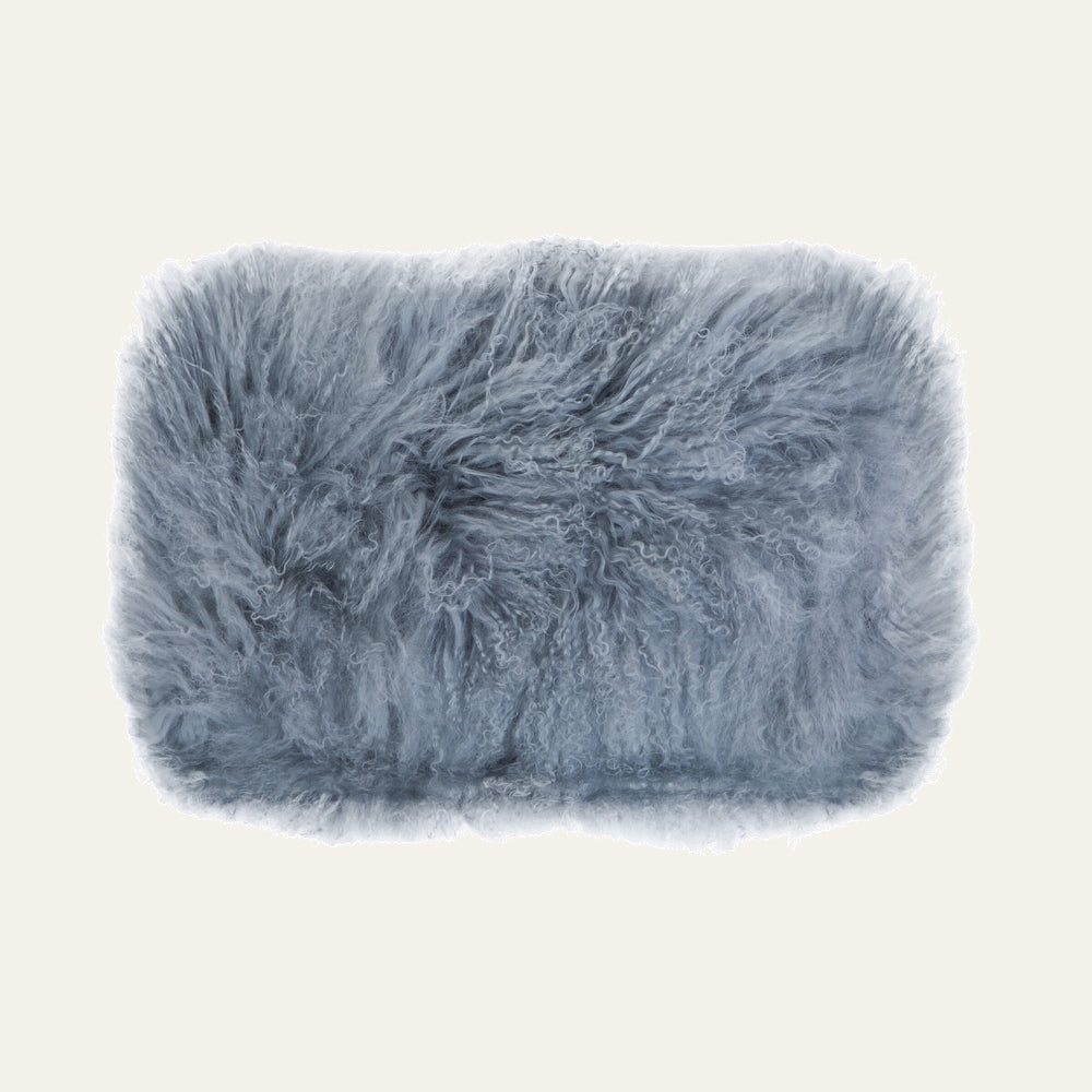 Ezelle Cushion — rectangular blue-gray cushion with long curly shag fur texture