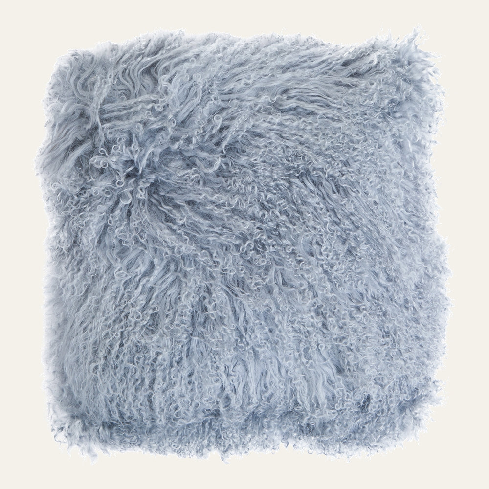 Ezelle Cushion — square pale blue cushion with long curly faux-fur pile