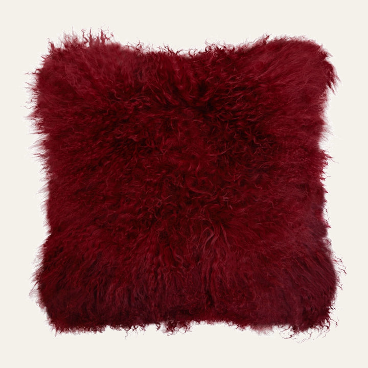 Ezelle Cushion, square burgundy shaggy fur cushion with long curly pile and fluffy texture