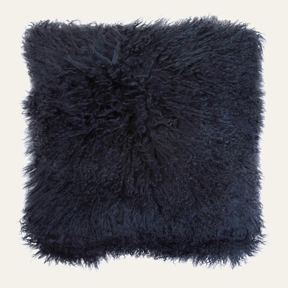 Ezelle Cushion — square dark navy long-pile shaggy cushion with fluffy fur texture