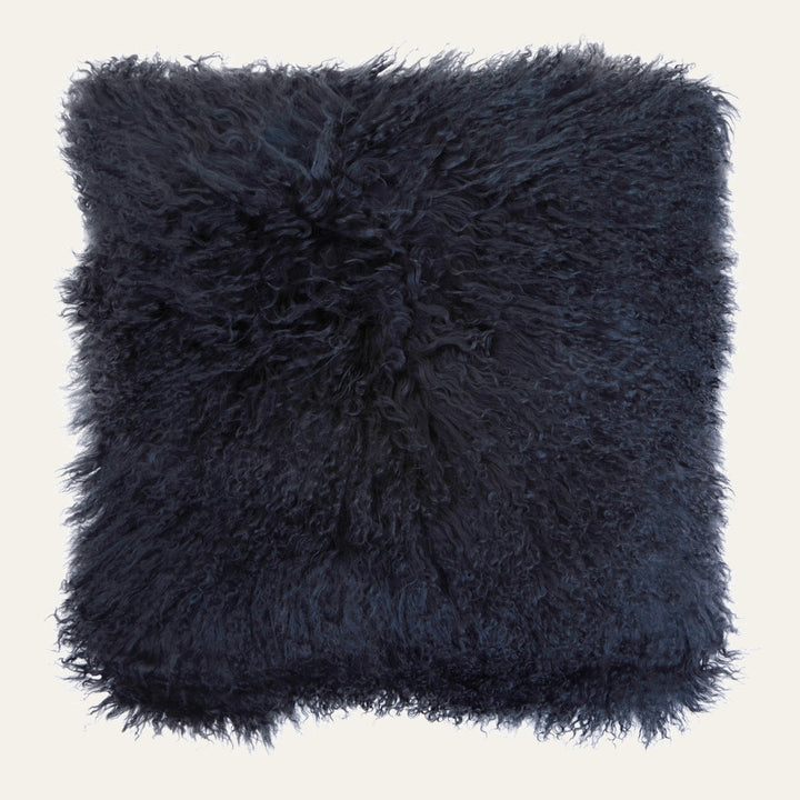 Ezelle Cushion — square dark navy long-pile shaggy cushion with fluffy fur texture