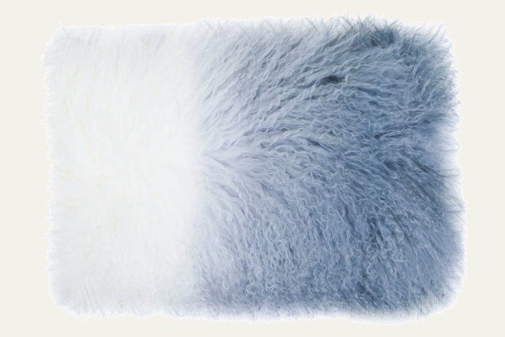Ezelle Cushion rectangular shaggy long-pile cushion with vertical two-tone split in white and soft blue