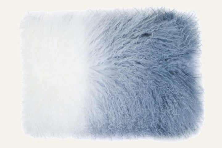 Ezelle Cushion rectangular shaggy long-pile cushion with vertical two-tone split in white and soft blue