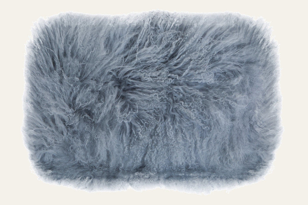 Ezelle Cushion — rectangular shaggy long-curled fur cushion in dusty blue-gray