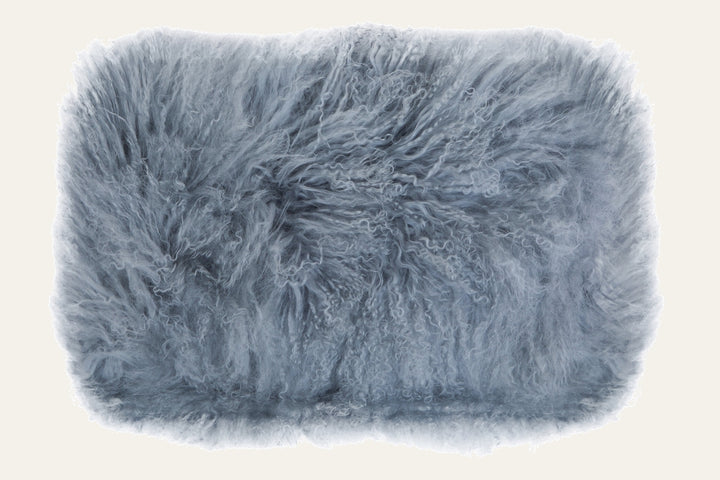 Ezelle Cushion — rectangular shaggy long-curled fur cushion in dusty blue-gray