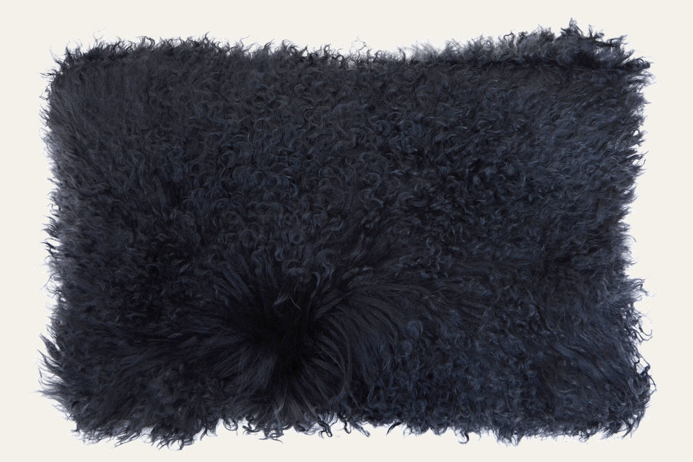 Ezelle Cushion — rectangular dark charcoal cushion with long curly shaggy fur pile
