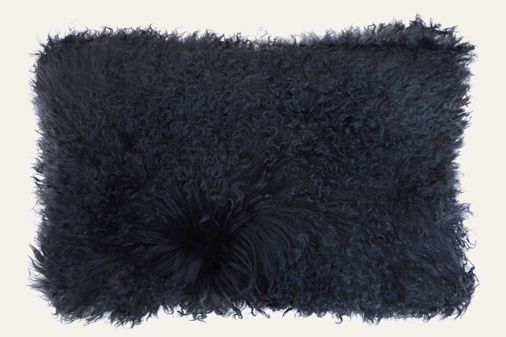 Ezelle Cushion — rectangular dark charcoal cushion with long curly shaggy fur pile