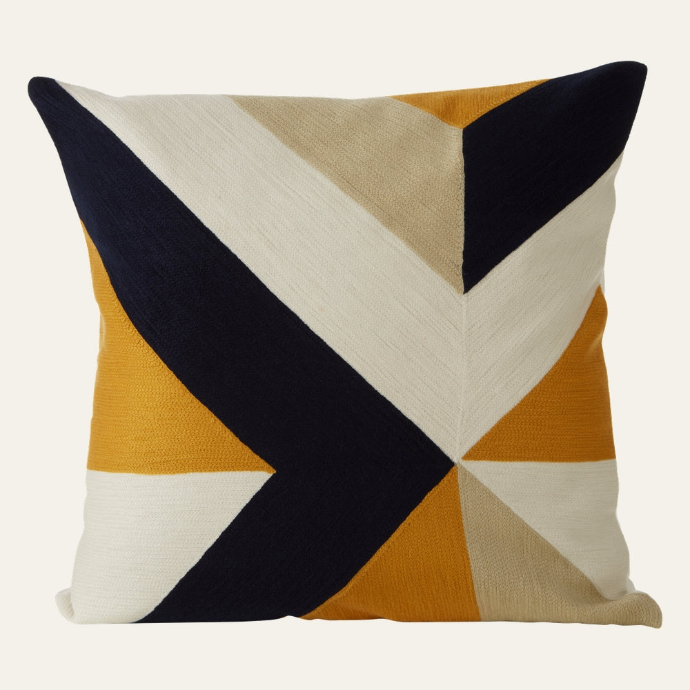 Ezelle Embroidered Abstract Cushion, square embroidered cushion with bold abstract geometric chevron pattern in navy, mustard yellow, cream and beige on textured fabric