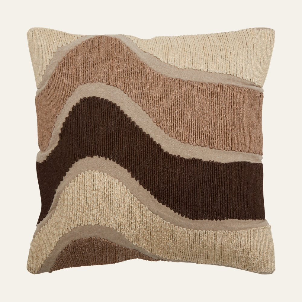 Ezelle Natural Fabric Cushion, square natural fabric cushion with layered raised ribbed wave pattern in beige, tan and dark brown