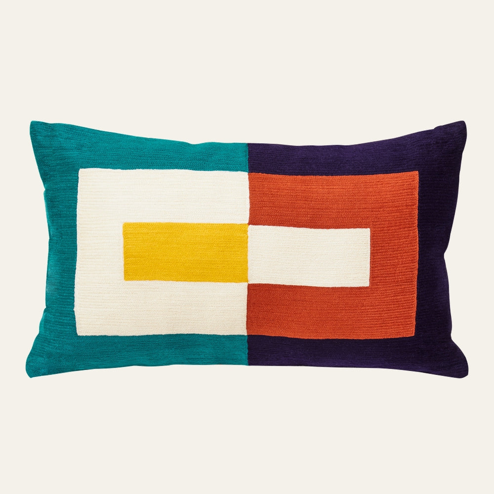 Ezelle Rectangular Fabric Cushion, rectangular textured woven cushion with geometric color-block design in teal, dark purple, rust orange, cream and mustard yellow