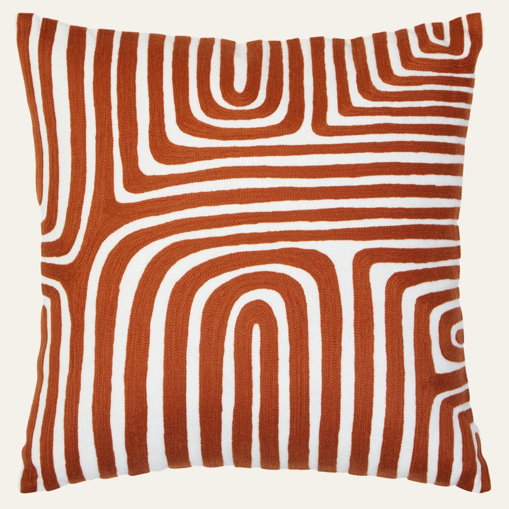 Ezelle Rust White Cushion with textured, raised rust geometric stripes on a white square throw pillow.