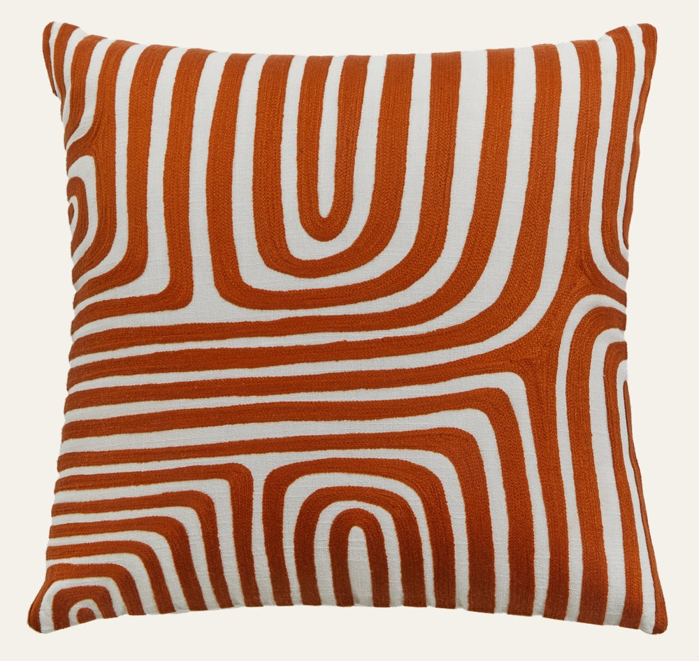 Ezelle Rust White Cushion — square throw pillow with bold rust curved stripes on a white background, raised textured stripes