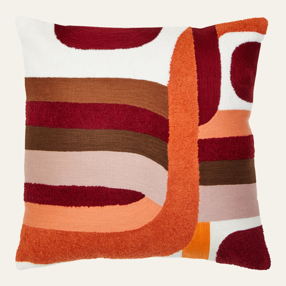 Ezelle Square Fabric Cushion - square textured, looped fabric cushion with bold abstract curved stripes and blocks in orange, deep red, rust, brown, blush pink and white