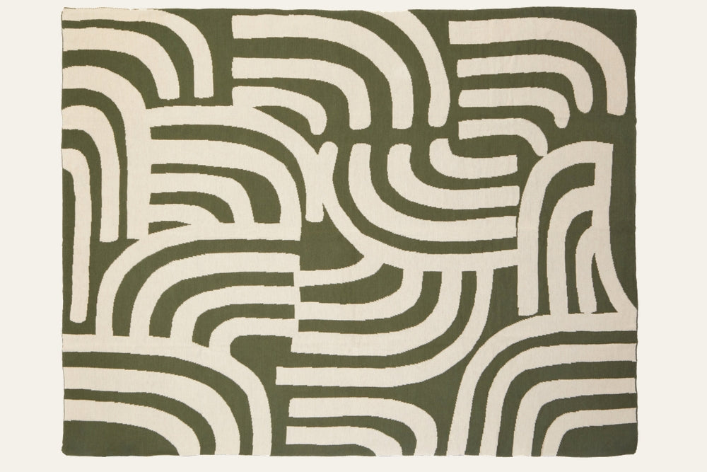 Ezelle Throw | Ozella Throw — olive green and cream woven throw with bold abstract curved stripe pattern