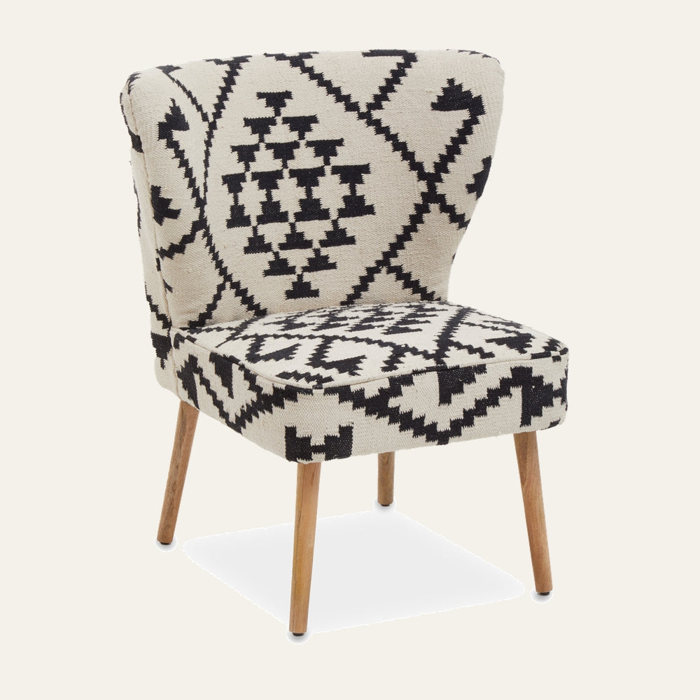 Fenlor Berber Mango Chair — armless accent chair with black-and-ivory Berber geometric woven upholstery and four tapered mango wood legs