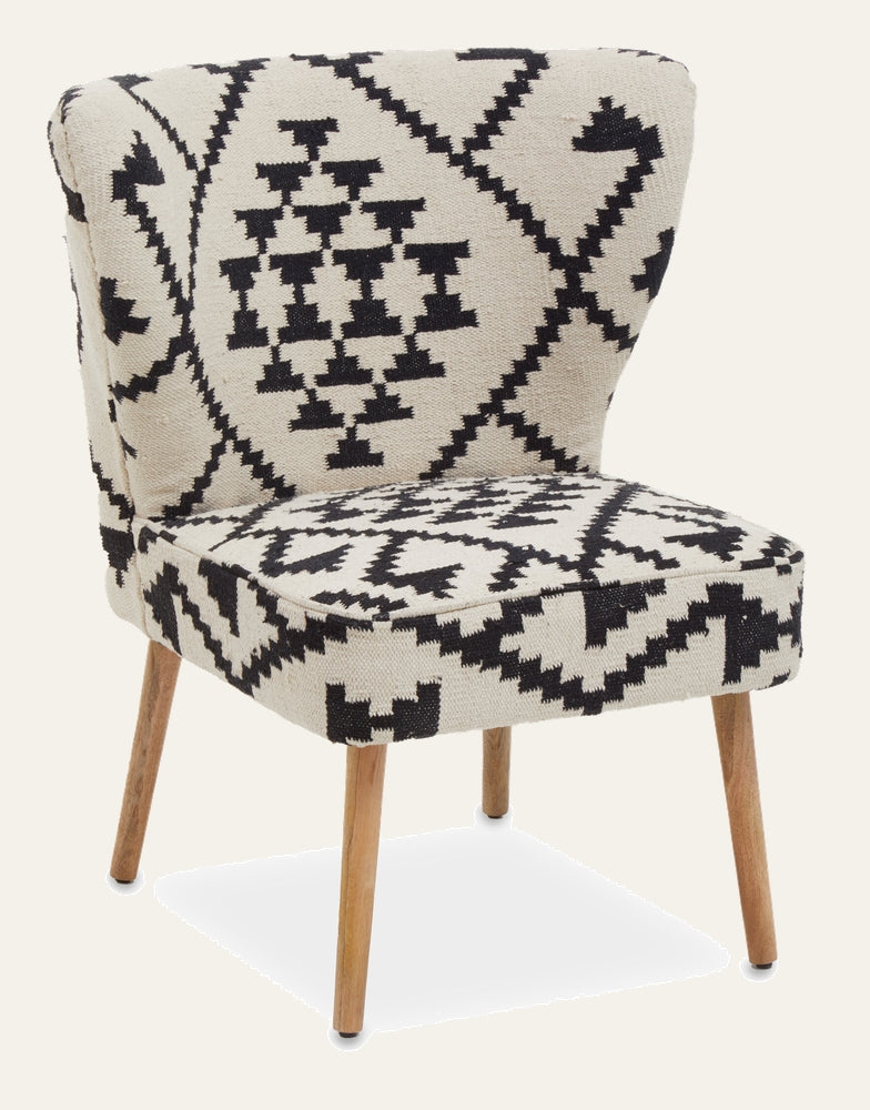 Fenlor Berber Mango Chair with armless curved back, cream woven upholstery featuring black Berber geometric pattern and tapered mango wood legs.