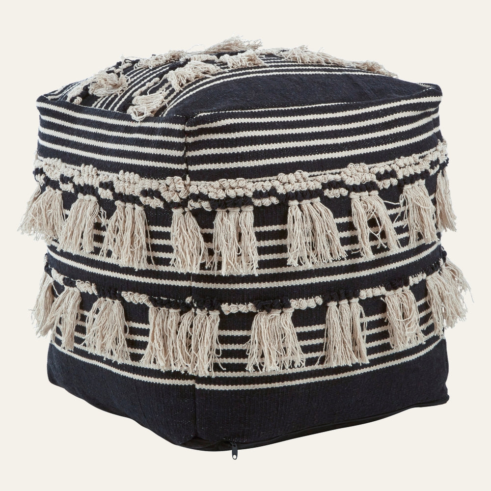 Fenlor Black Fabric Pouffe, square black-and-cream striped fabric pouffe with layered cream tassel fringe and visible zipper at base