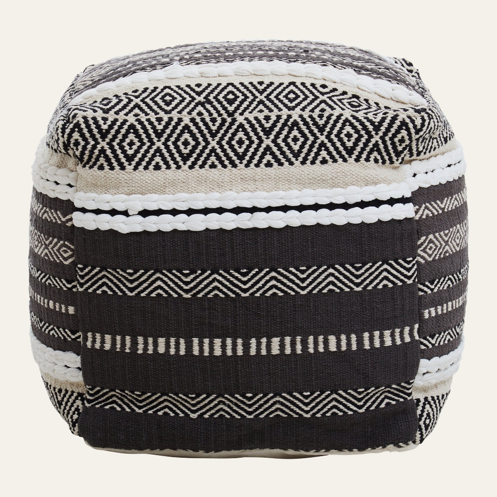 Fenlor Fabric Foam Pouffe, cube-shaped fabric foam pouffe with black and cream geometric woven stripes and braided white trim