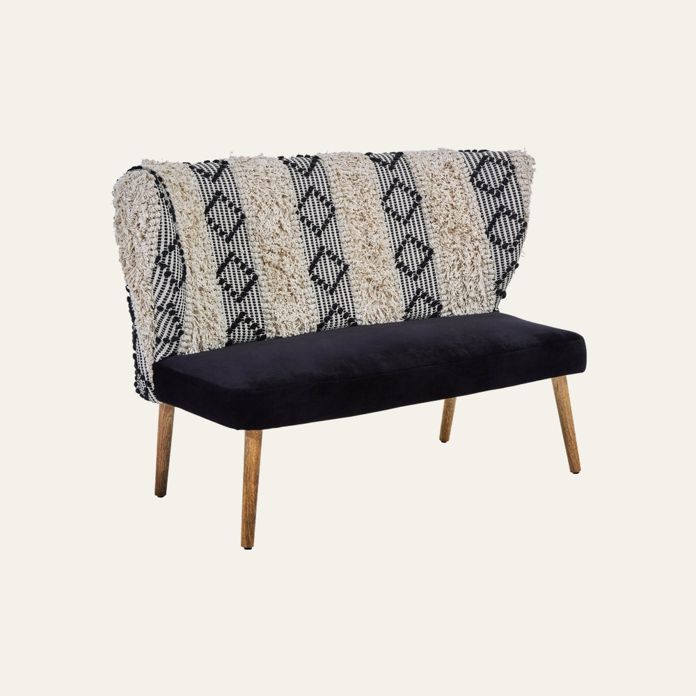 Fenlor Moroccan Wood Fabric Bench with black upholstered seat, textured cream-and-black Moroccan-pattern back with shaggy stripes, and tapered natural wood legs