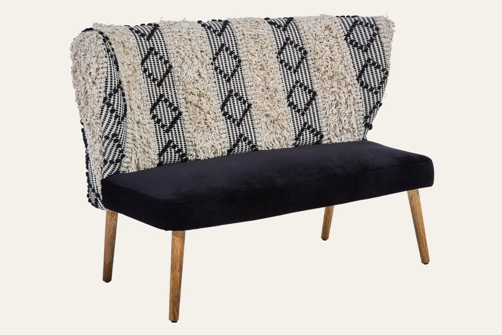 Fenlor Moroccan Wood Fabric Bench with textured cream-and-black shaggy Moroccan patterned backrest, smooth black upholstered seat and tapered natural wood legs