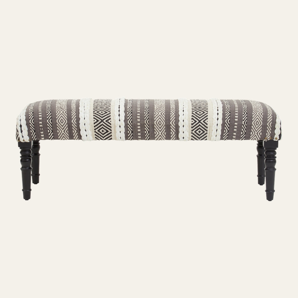 Fenlor Open Frame Bench with gray and white geometric woven fabric seat, cream braided trim accents and black turned wooden legs