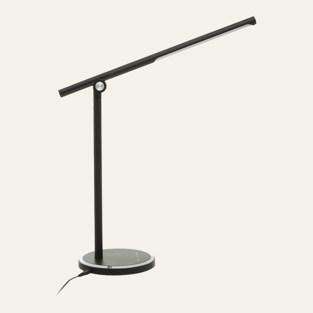 Galven Desk Lamp Table Lamp — slim black matte adjustable arm with integrated light bar, round base with silver pivot and visible power cord.