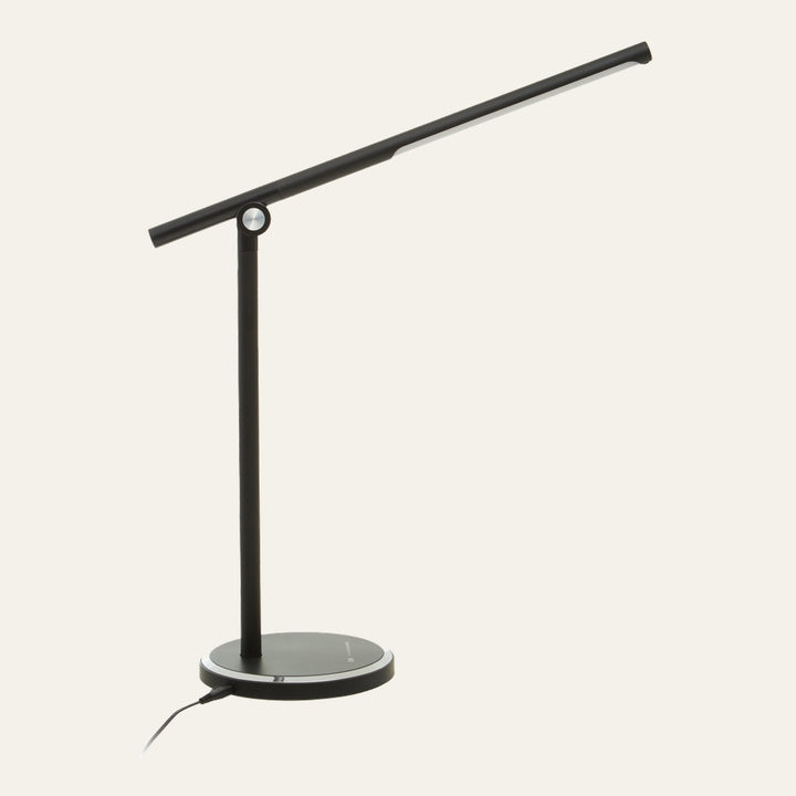 Galven Desk Lamp Table Lamp — slim black matte adjustable arm with integrated light bar, round base with silver pivot and visible power cord.