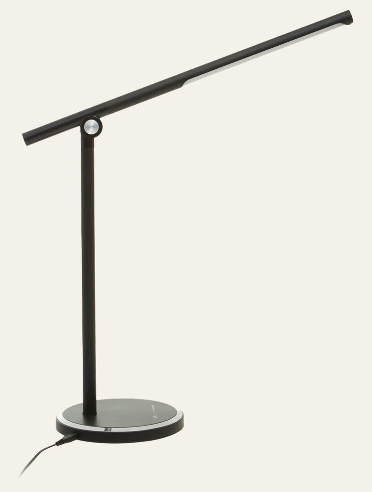 Galven Desk Lamp Table Lamp with slim matte black adjustable arm and long horizontal LED bar, round base with silver pivot detail and visible power cord
