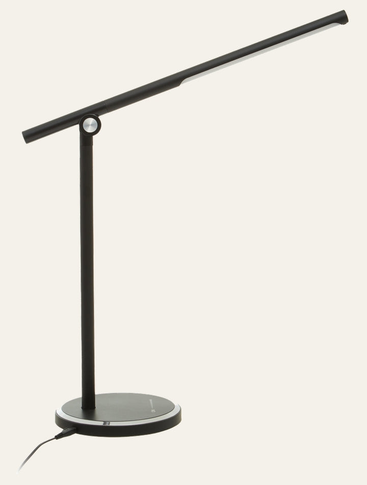 Galven Desk Lamp Table Lamp with slim matte black adjustable arm and long horizontal LED bar, round base with silver pivot detail and visible power cord