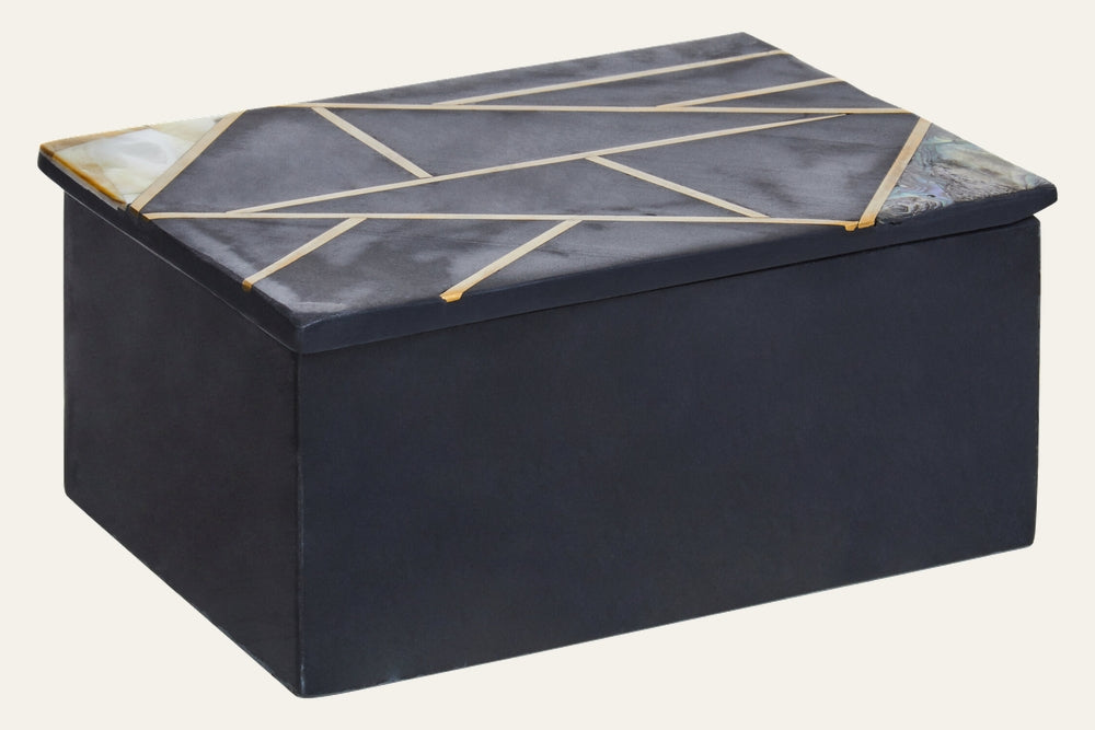Hadrin Slate Trinket Box — rectangular dark box with slate-look lid, gold geometric metal inlay and iridescent shell corner accents