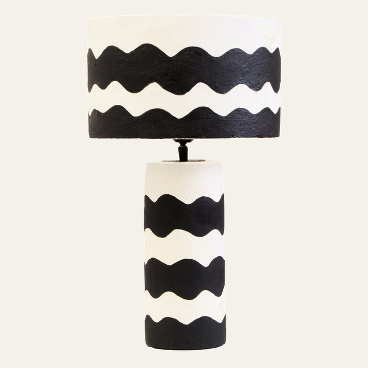 Irdan Table Lamp with cylindrical textured painted base and matching drum shade, white finish with bold black wavy stripes