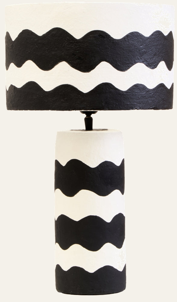Irdan Table Lamp — cylindrical textured white base and matching drum shade with bold black wavy stripes