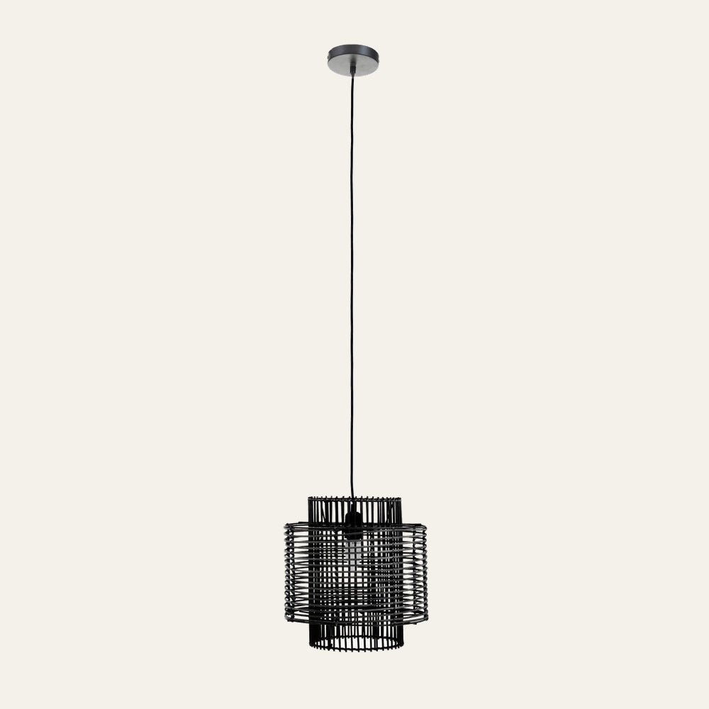 Ivoren Ceiling Light — black woven cylindrical pendant with layered cage design, visible central bulb, long black cord and round ceiling canopy