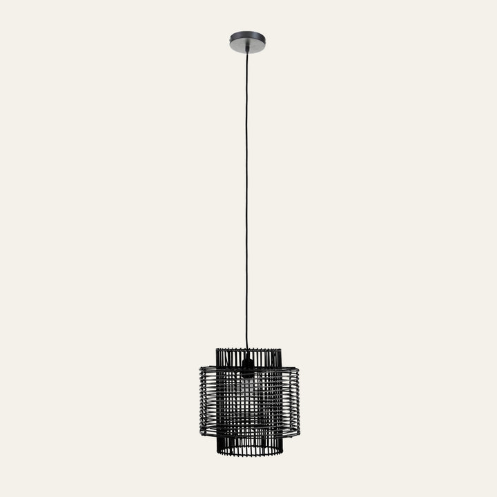 Ivoren Ceiling Light — black woven cylindrical pendant with layered cage design, visible central bulb, long black cord and round ceiling canopy