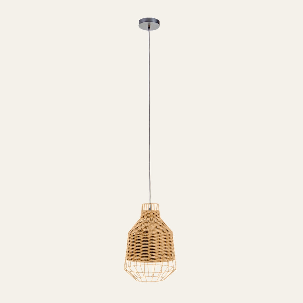 Ivoren Ceiling Light hanging pendant with natural woven rattan shade and geometric metal wire cage bottom, suspended by a thin black cord and dark round ceiling canopy