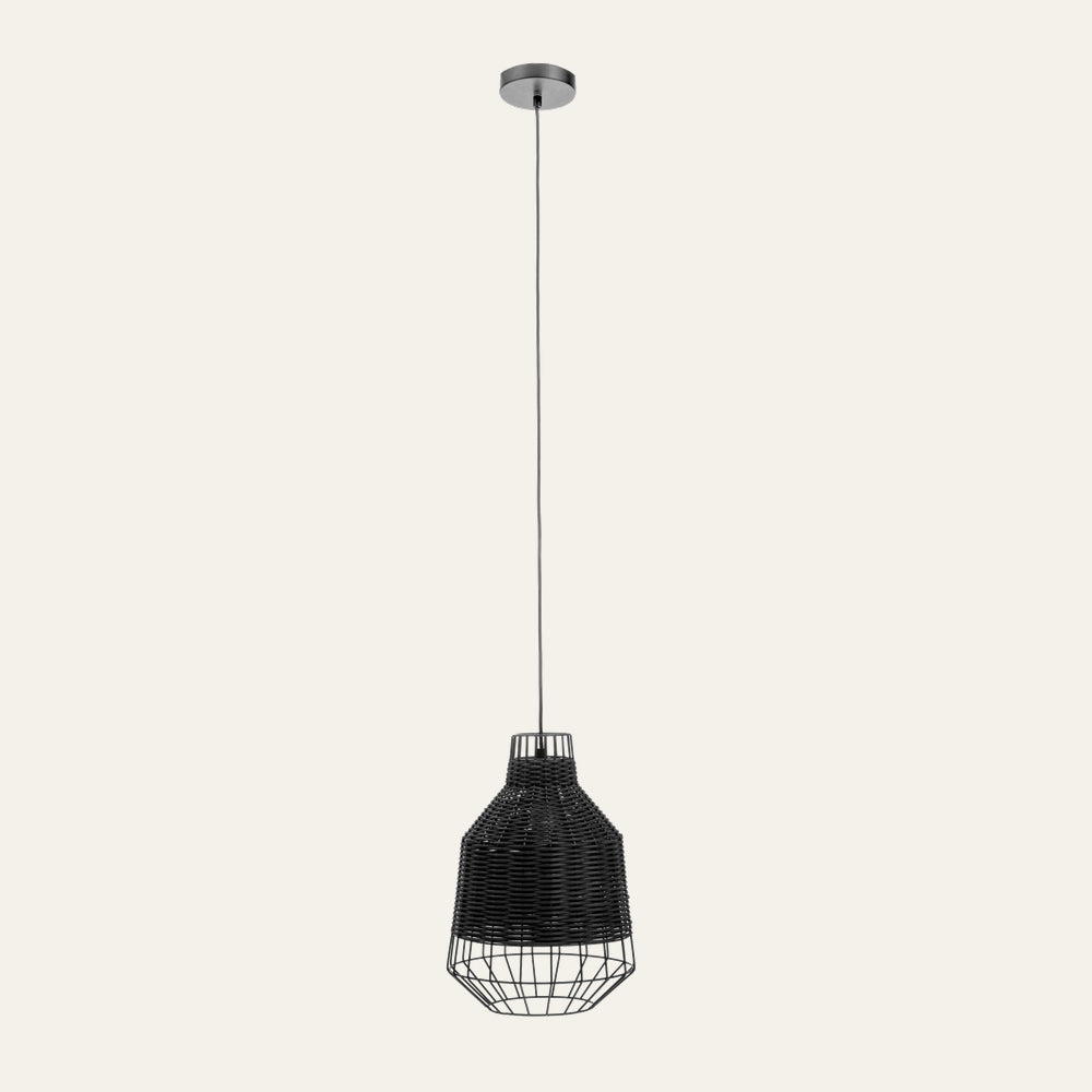 Ivoren Ceiling Light — black woven pendant shade with open metal wire cage bottom, slim cord and round ceiling canopy