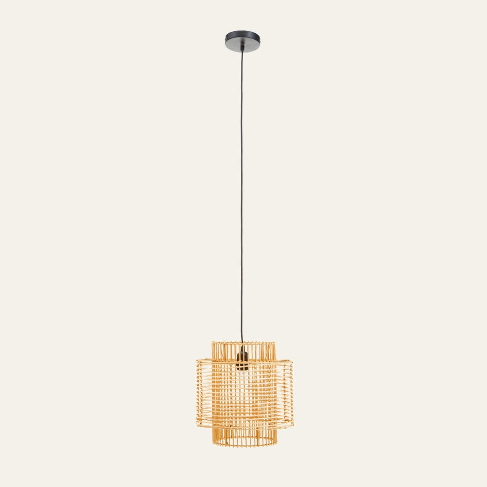 Ivoren Open Frame Ceiling Light pendant with layered cylindrical open rattan frame in natural finish, suspended by a black cord and round black ceiling canopy