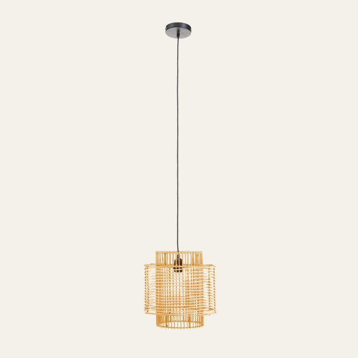 Ivoren Open Frame Ceiling Light pendant with layered cylindrical open rattan frame in natural finish, suspended by a black cord and round black ceiling canopy