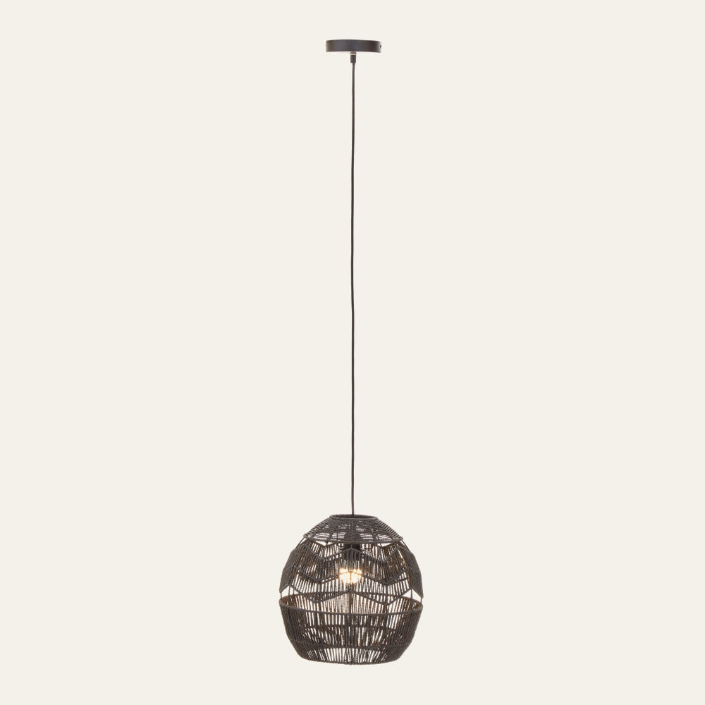 Ivoren Paper Rope Pendant Light, dark woven paper rope spherical pendant with open-weave pattern, visible bulb and black ceiling canopy suspended on a long black cord