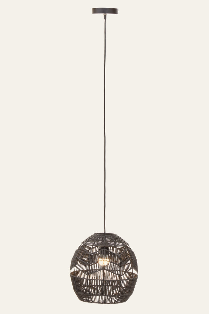Ivoren Paper Rope Pendant Light with dark woven paper rope spherical shade, open-weave revealing a single exposed bulb, black cord and round ceiling canopy