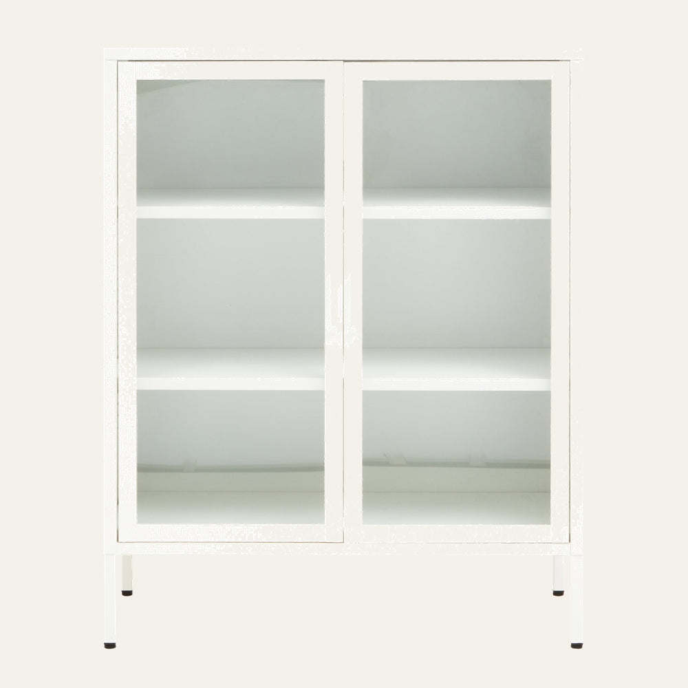 Leven Cabinet — white glass-front cabinet with two doors, two interior shelves and slim white metal legs with glossy finish