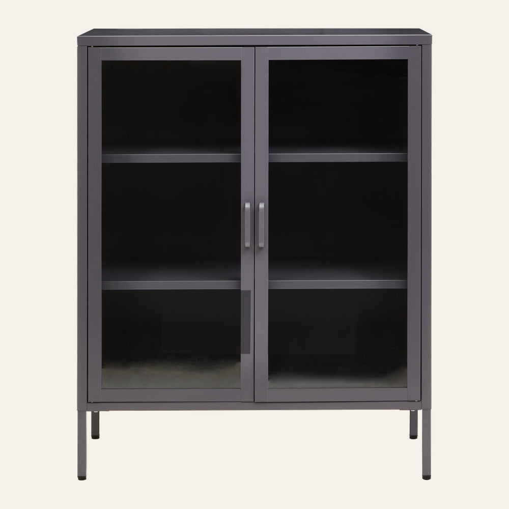 Leven Open Frame Cabinet — gray metal frame with glass double doors, two interior shelves and slim metal legs, front view
