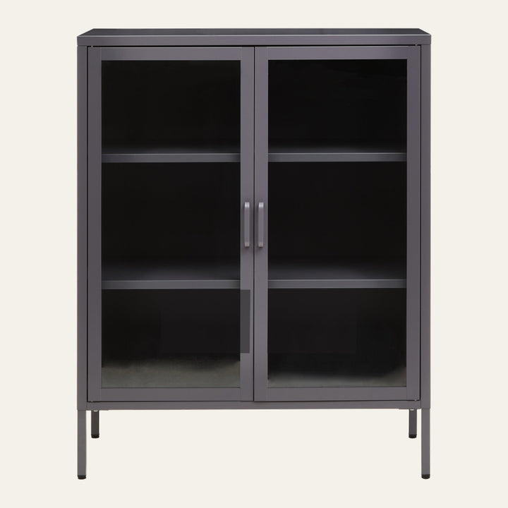 Leven Open Frame Cabinet — gray metal frame with glass double doors, two interior shelves and slim metal legs, front view