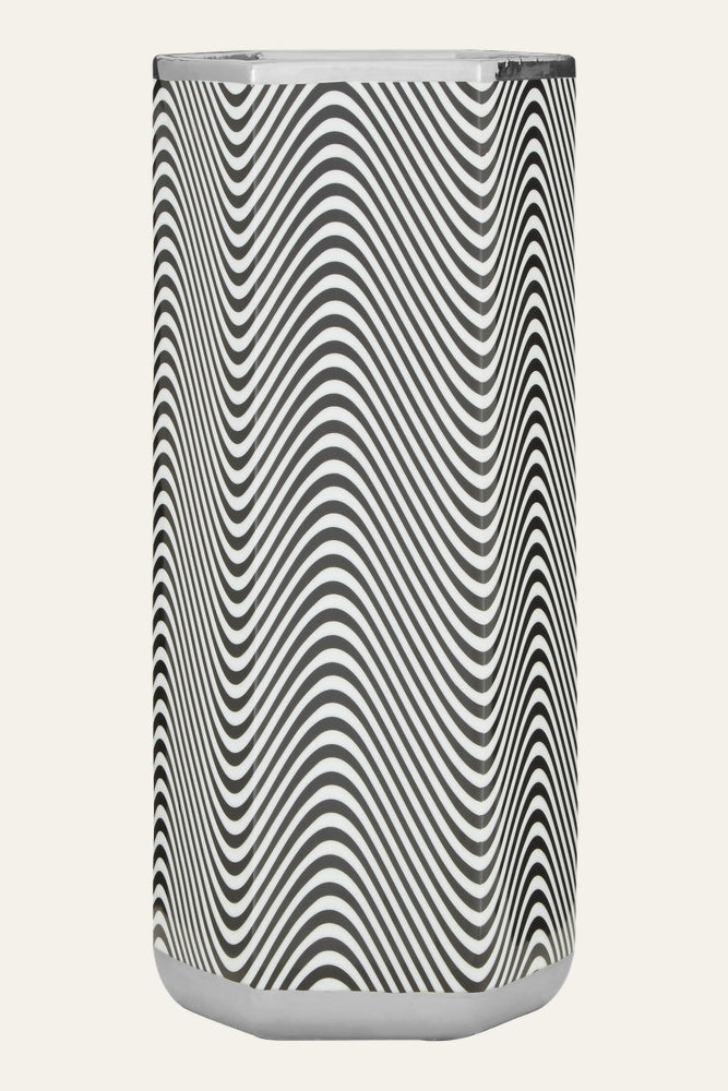 Lorena Ceramic Coat & Umbrella Stand — tall rectangular ceramic stand with rounded corners, black-and-white wavy stripe pattern and glossy glazed top edge.
