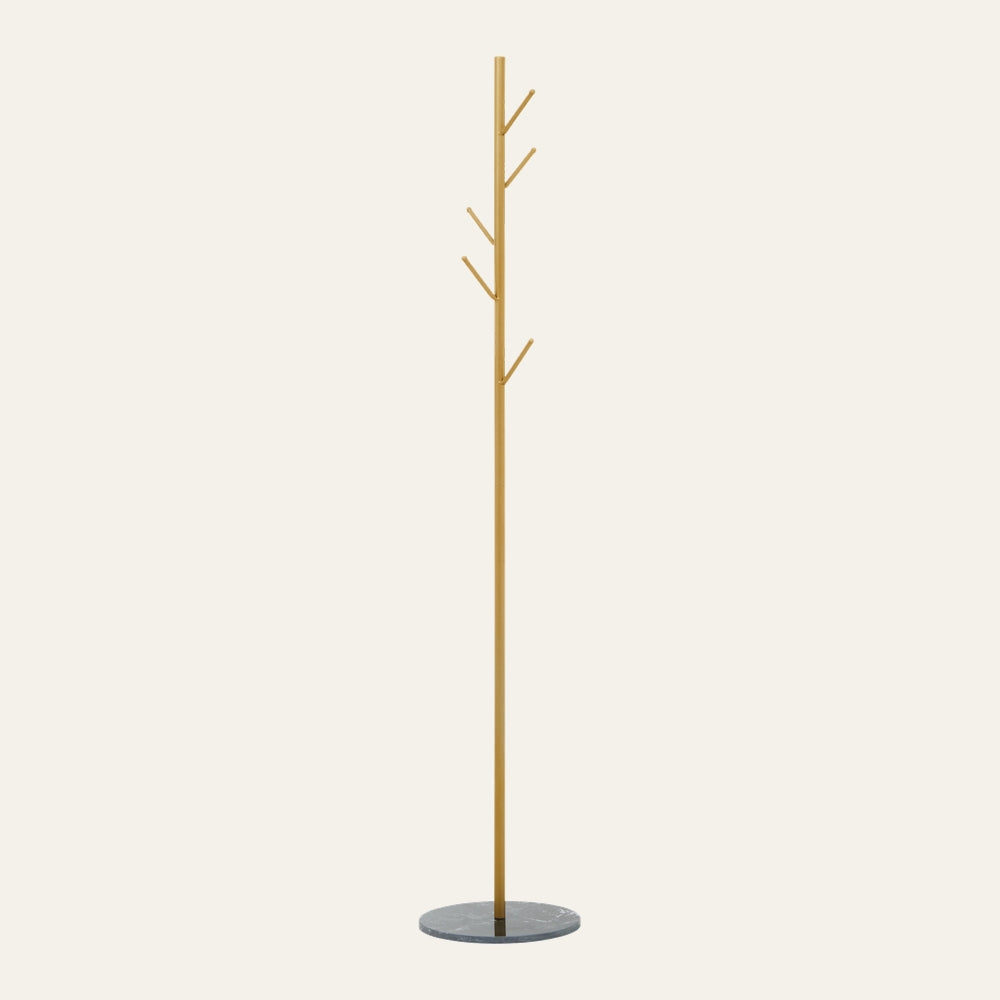 Lorin Gold & Black Coat & Umbrella Stand: slim gold metal pole with five angled hooks and round dark marble base, freestanding.