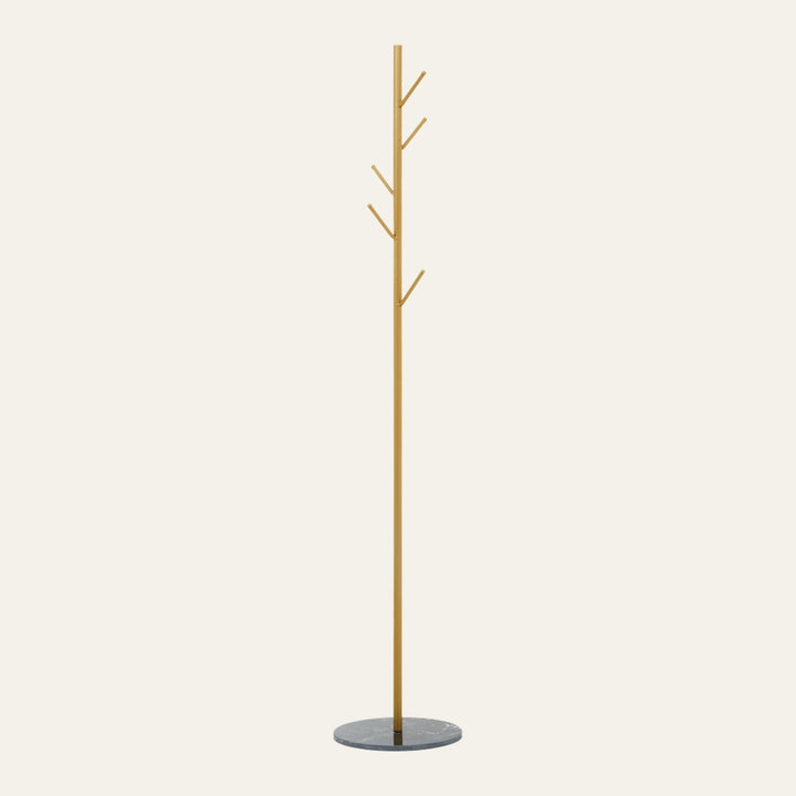 Lorin Gold & Black Coat & Umbrella Stand: slim gold metal pole with five angled hooks and round dark marble base, freestanding.