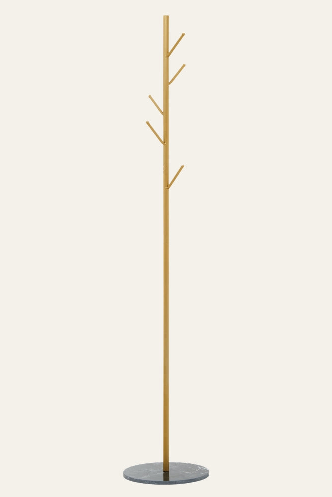 Lorin Gold & Black Coat & Umbrella Stand — slim gold metal pole with five staggered hooks and round black marble base
