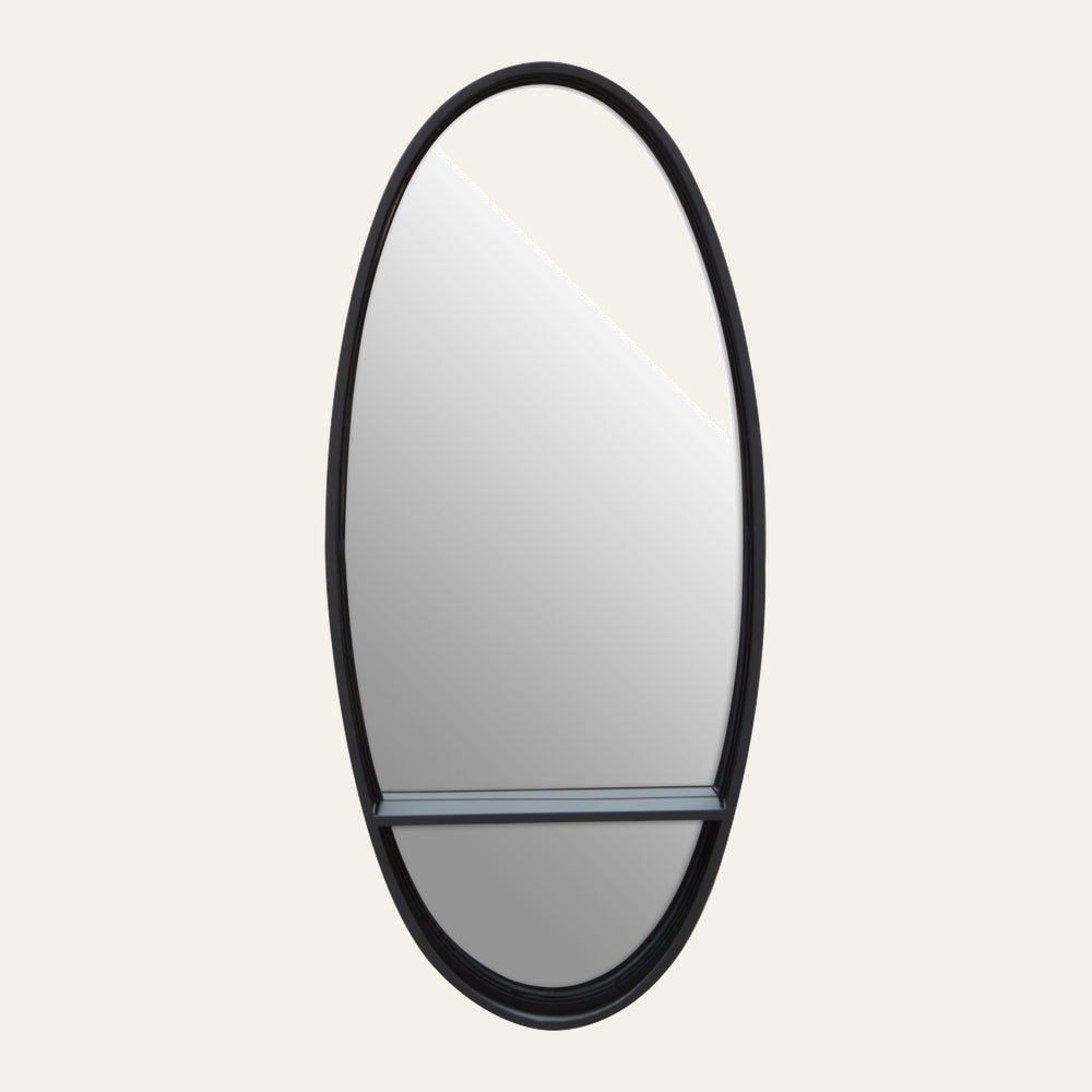 Lorin Oval Wall Mirror with black oval metal frame and integrated narrow shelf across the lower section