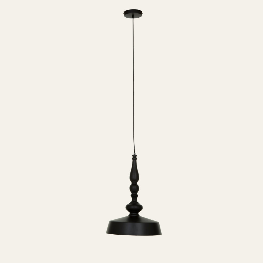 Mavren Black Gold Pendant Light - black pendant with turned spindle-style stem and wide matte black metal shade, thin black cord and round ceiling canopy