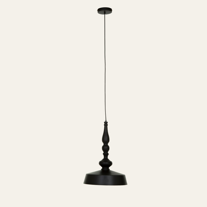 Mavren Black Gold Pendant Light - black pendant with turned spindle-style stem and wide matte black metal shade, thin black cord and round ceiling canopy